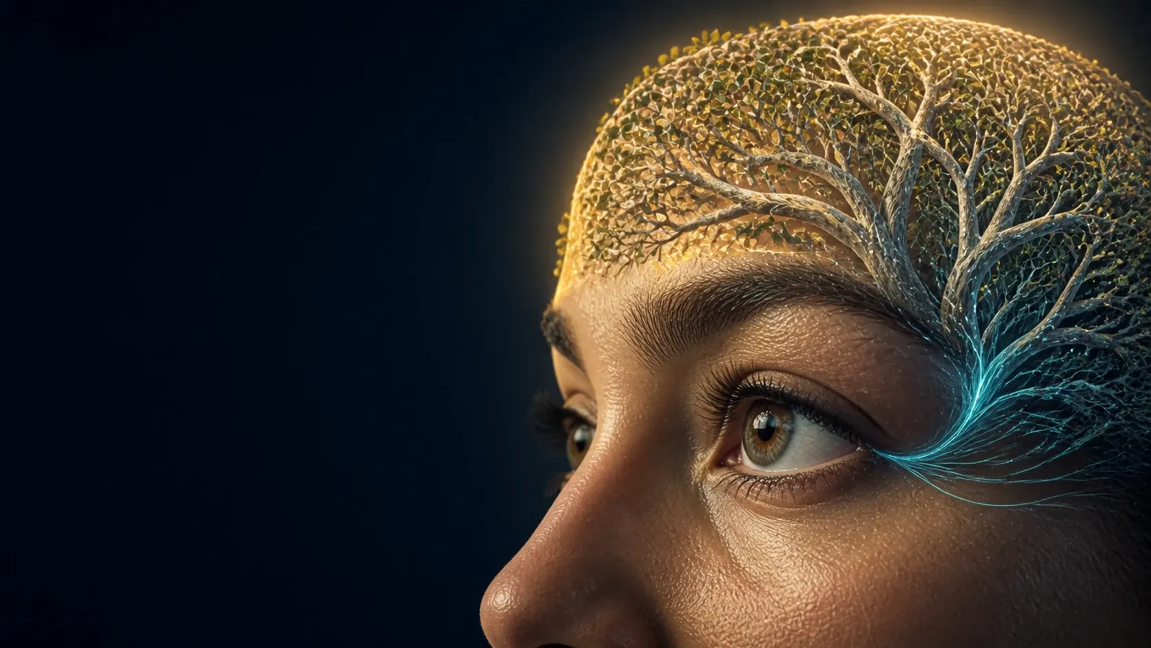 A human eye connected by delicate neural pathways to a brain-shaped canopy, representing integrated neurology and eye care